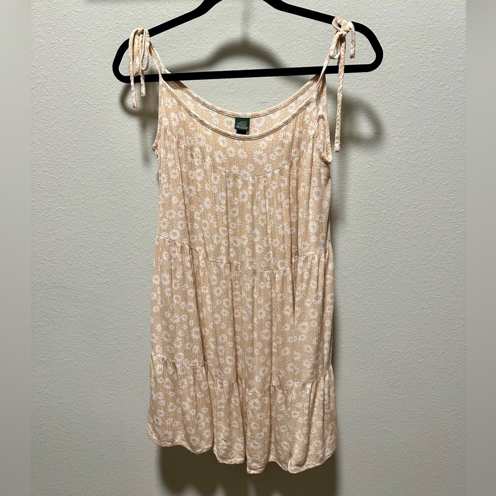 Wild Fable Boho, Tiered, Floral Print XS Mini Sun Dress Tan with White Flowers